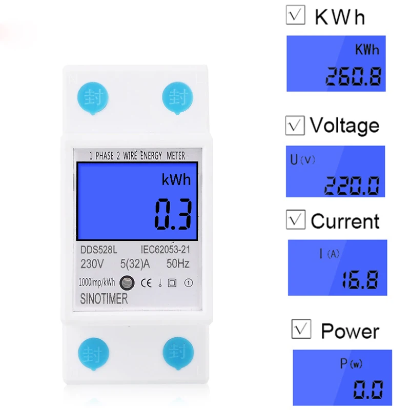 

LCD Digital Energy Meter 230V AC 50Hz Single Phase Backlit Display Wattmeter Power Consumption Energy kWh Electricity Meters