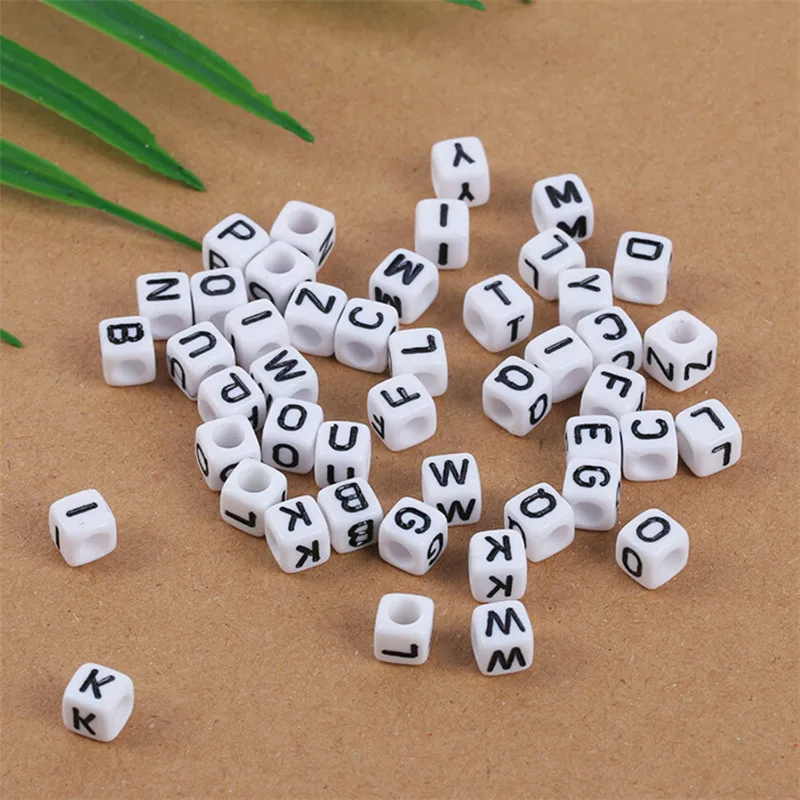 

100PCS 6*6MM Cube White Square Acrylic Letter Beads Single Alphabet Printing Bracelet Necklace For Women Men Jewelry Accessories