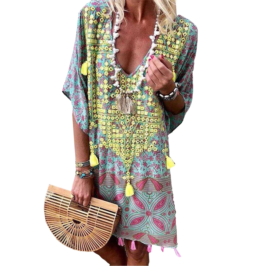

Women Boho V-Neck Printed Tassel Dress 2019 New Summer Short Sleeve V Neck Party Beach Dress Sundress Vintage Vestidos Plus Size