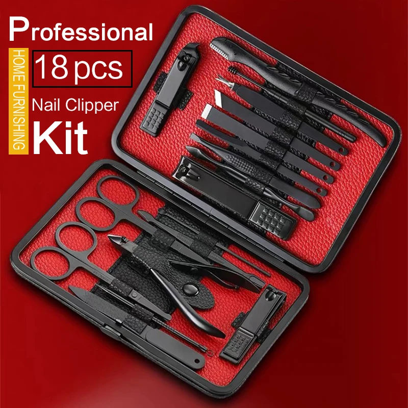 

18pcs Manicure Set Nail Clippers Kit Pedicure Care Tools Black Men Grooming Kit With Black PU Leather Case for Travel Home