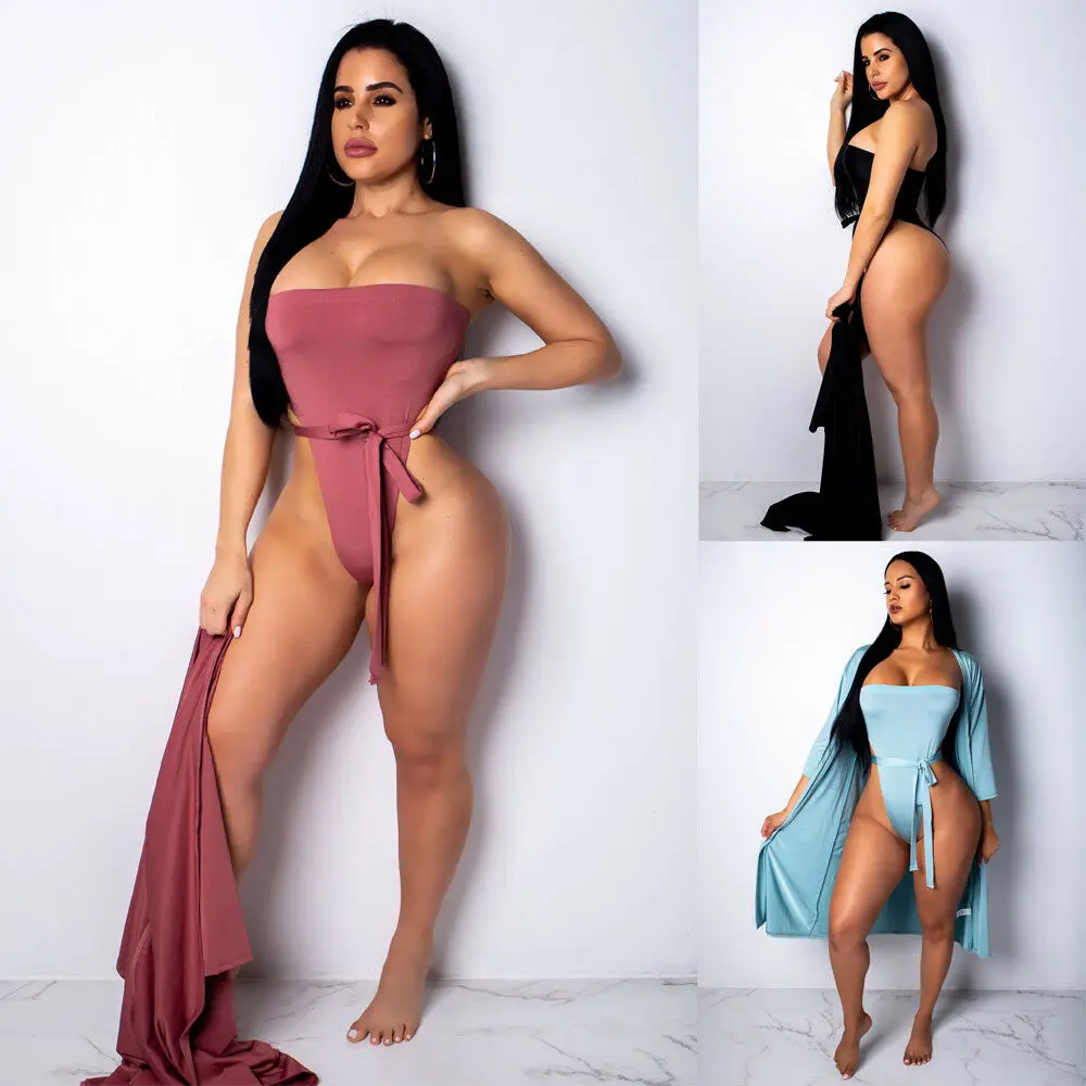 

2019 Plus Size Summer Sexy Women Bikini Set Strapless One-piece Swimsuts Swimwear + Cover Up Cardigan Beach Bathing Suit Dresses