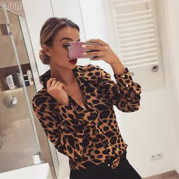 

2019 Fashion Summer V-Neck Shirts Women's Sleeve Button Leopard Snake Multiple Colors Long Casual Blouse Tops
