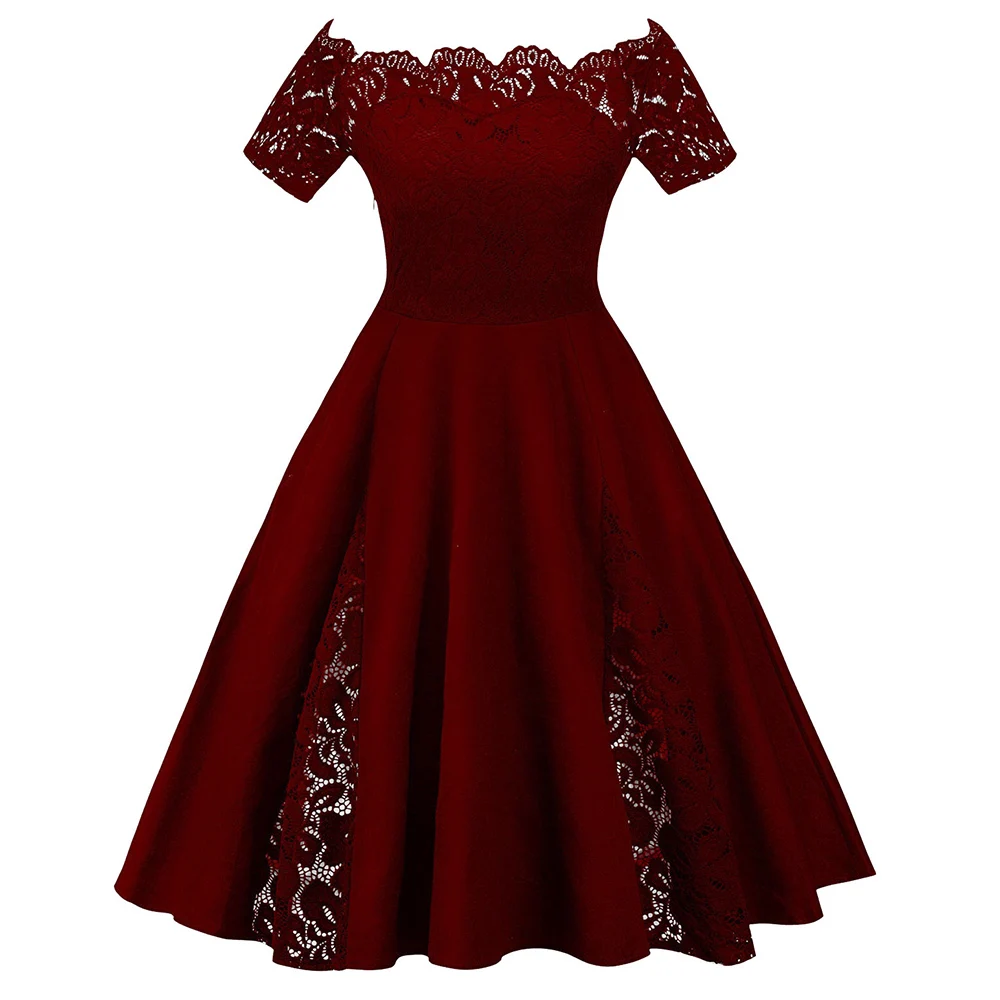 

2019 Plus Size Off Shoulder Lace Panel Dress Women Spring Summer Pin Up Dress Vintage Rockabilly Solid A-Line Party Vestidos