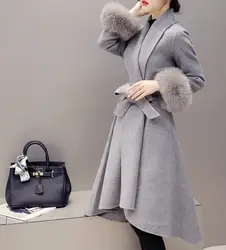 Шерстяное пальто для женщин Тонкий длинная куртка повседневное шерстяная однотонная верхняя одежда с элегантным съемным воротником Мех
