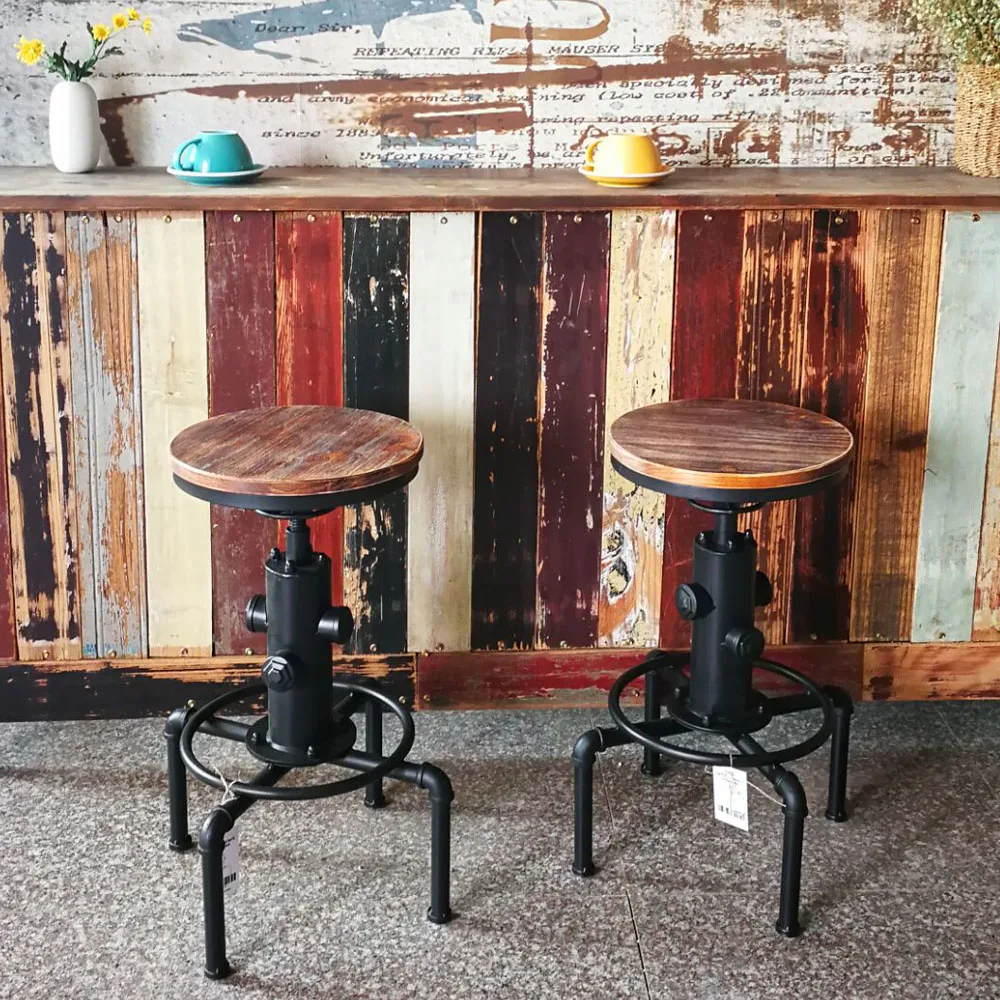 iKayaa Bar Chairs Metal Industrial Bar Stool Height Adjustable Swivel Pinewood Top Kitchen Dining Chair Pipe Style Barstool