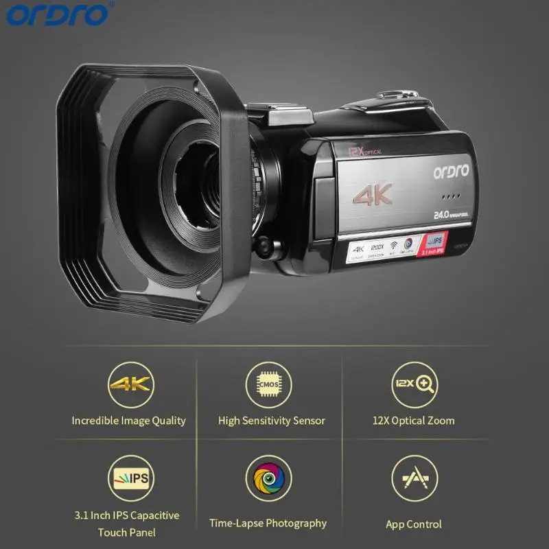 

Ordro AC5 4K Professional Camera UHD 12X Optical Zoom Digital Cameras FHD 24MP WiFi IPS Touch Screen Camcorders with Lens Hood