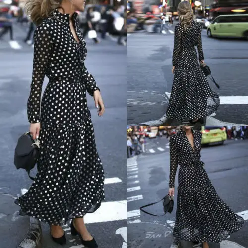 

Women Casual Long Sleeve Maxi Dress Lady V Neck Split Loose Blouse Tunic Dresses