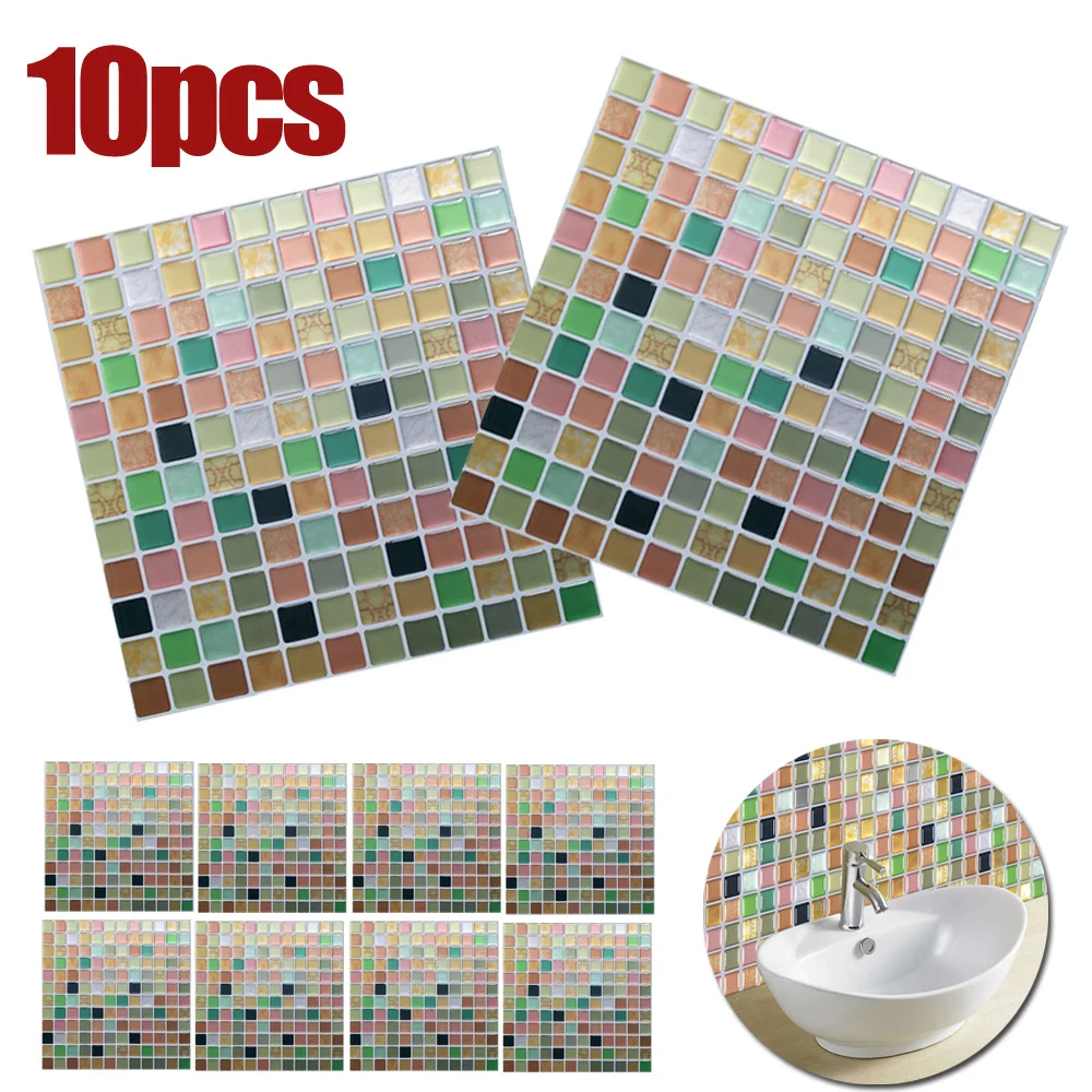 

10x Modern Colorful Square Mosaic Tile Wall Sticker Self-adhesive Kitchen Decor