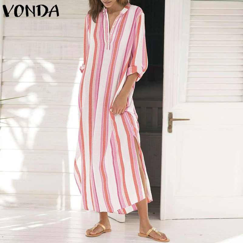 

VONDA Women Striped Maxi Long Dress 2019 Autumn Bohemian Ladies Casual Loose Sexy V Neck Split Long Sleeve Vestidos Oversized