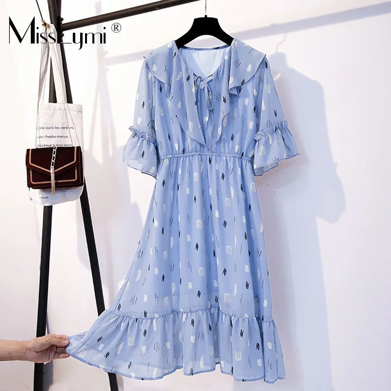 

XL-5XL Plus Size Women Blue Chiffon Dress Summer 2019 Elegant V-neck Short Sleeve Floral Print Loose Casual Ruffle Midi Dresses