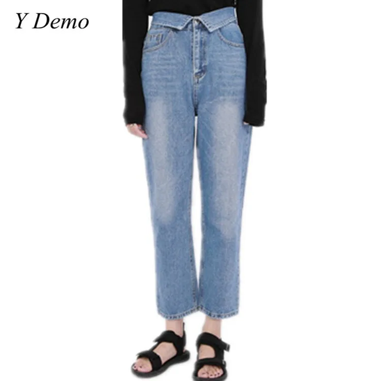Элегантный дизайн повседневное светло голубой для женщин джинсы для Винтаж высокая посадка на пуговице джинсовые штаны
