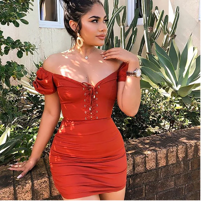 

Fuedage Off Shoulder Bow Sexy Summer Bodycon Dress Women Strapless Elegant Short Mini Dress Casual Backless Bandage Party Dress