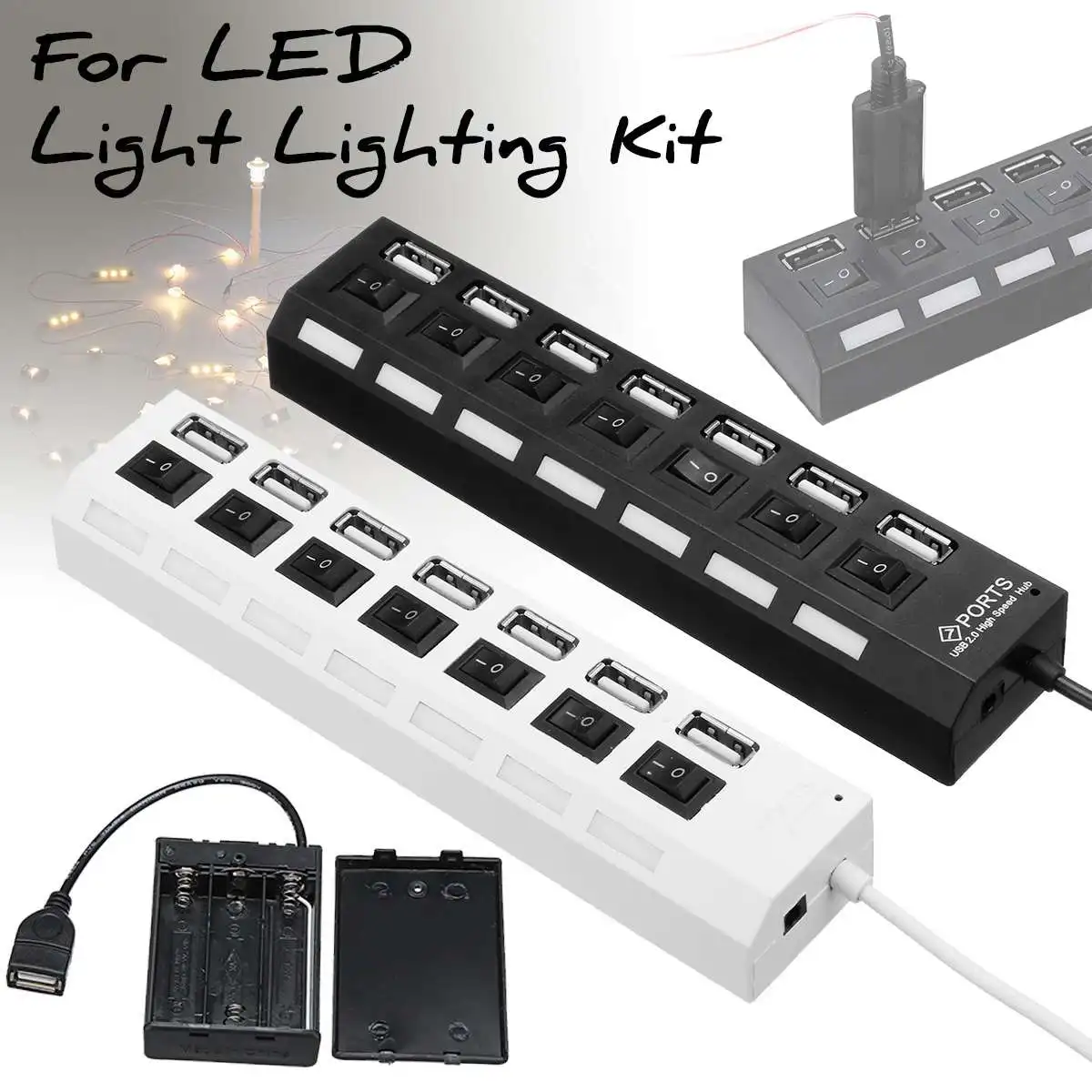 

7 USB Port 2.0 HUB Battery Box for LED Lighting Kit Installing Splitter Switch USB Battery Box for LEGO Lighting