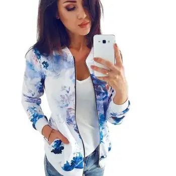 

Ladies Floral Print Casual Top Coat Outwear Women Autumn Long Sleeve Leather Jacket Coats Zip Up