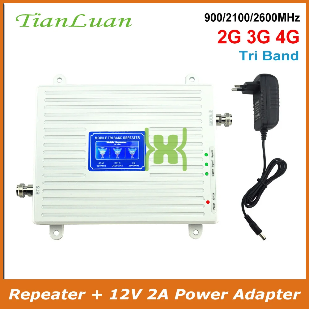 

TianLuan Mobile Phone Signal Booster 4G 3G 2G Signal Repeater GSM 900MHz W-CDMA 2100MHz LTE IMT-E 2600MHz with Power Supply