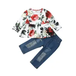 Детский комплект одежды с длинными рукавами и цветочным принтом для маленьких девочек, футболка для малышей, топы, штаны, осенне-Весенняя