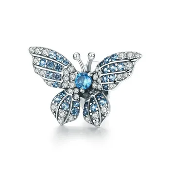 

100% 925 Sterling Silver Crystal Blue Zircon Butterfly Beads Fit Pandora Bracelets Women Necklaces Silver Jewelry Bsc061