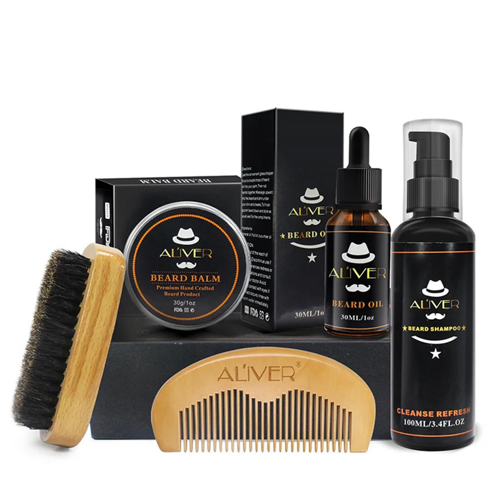 

5PCS/Set Men Beard Grooming Kits Beard Oil Mustache Moisturizing Wax Beard Shampoo Styling Comb Male Beard Care Set