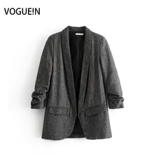 VOGUEIN женский серый повседневный гофрированный 3/4 рукав лацкан Блейзер костюм верхняя одежда пальто