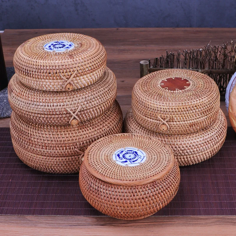 

Handmade Round Rattan Puer Tea Storage Box With Lid Wood Wicker Straw Basket Kitchen Organizer Food Container Chest Candy Jar