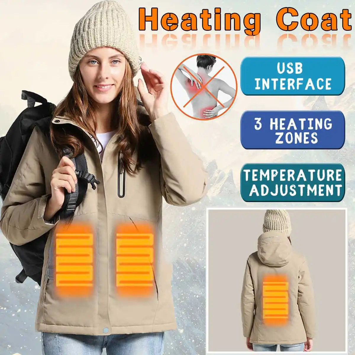 

Intelligent Keep Warm Electronic Heating Jacket Adjustable Temperature USB Fast Heatin Waterproof Coat Hooded Jacket 4 Colors