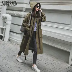 SuperAen 2019 Весна Новый Тренч для женщин сплошной цвет Дикий хлопок дамы с капюшоном ветровка корейский стиль Женская одежда