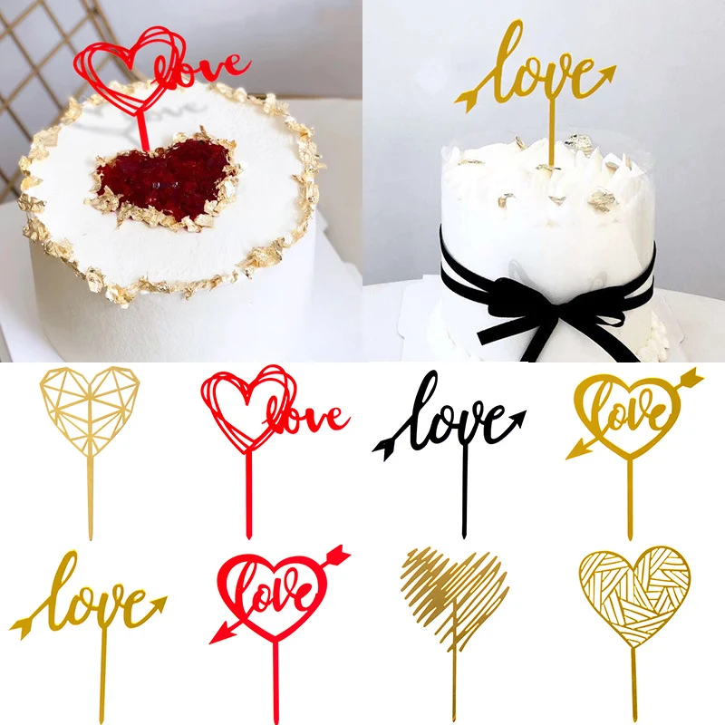 

Acrylic Love Wedding Glitter Valentine's Day Baby Shower Red Heart Cake Topper Cupcake Gold Black Party Decoration