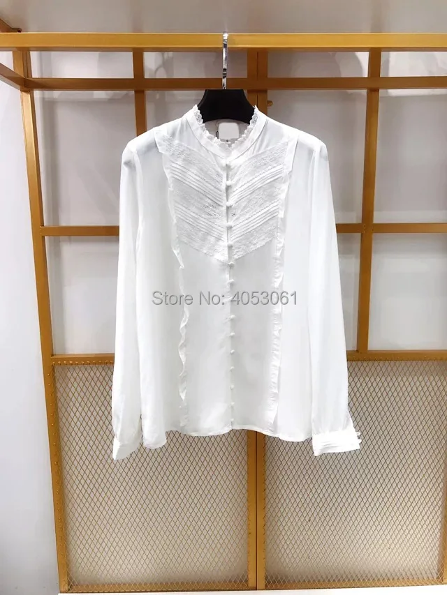 

Silk 100% Lace Patchwork Stand Collar Shirt Top With Ruffled Detail - 2019 White/Black/Green Blouse Shirt