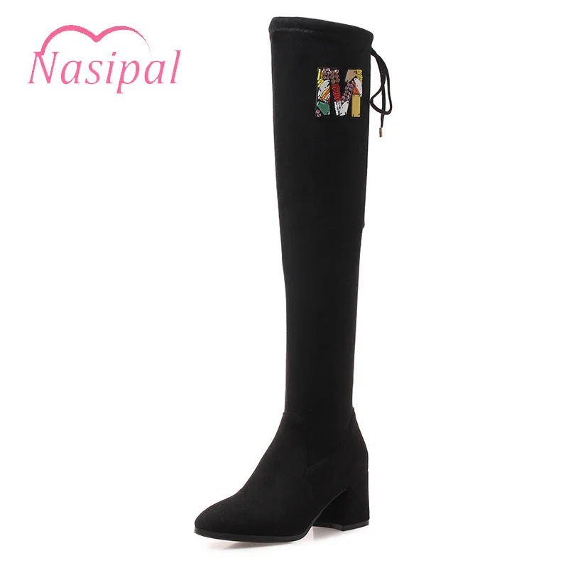 

Nasipal Over the Knee High Boots Chunky Heel Knight Boots Zipper Botas Mujer Sexy Elastic Lace Up Thigh High Boots Sapato Femina