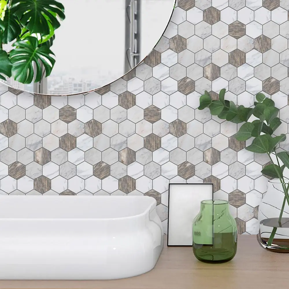 

HXM 10Pcs DIY Tile Stickers Brown White Marble Wall Sticker Waterproof Wall Tile Stickers For Kitchen Bathroom Home Decoration