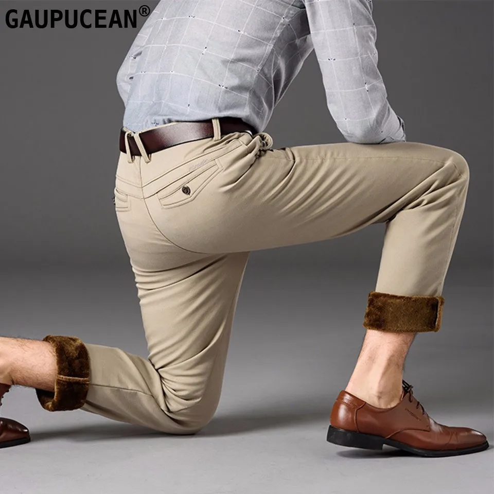 

Man Chino Pants 98% Cotton 2% Spandex Thick Fleece Winter Warm Formal Business Male Blue Black Khaki Men Casual Trousers