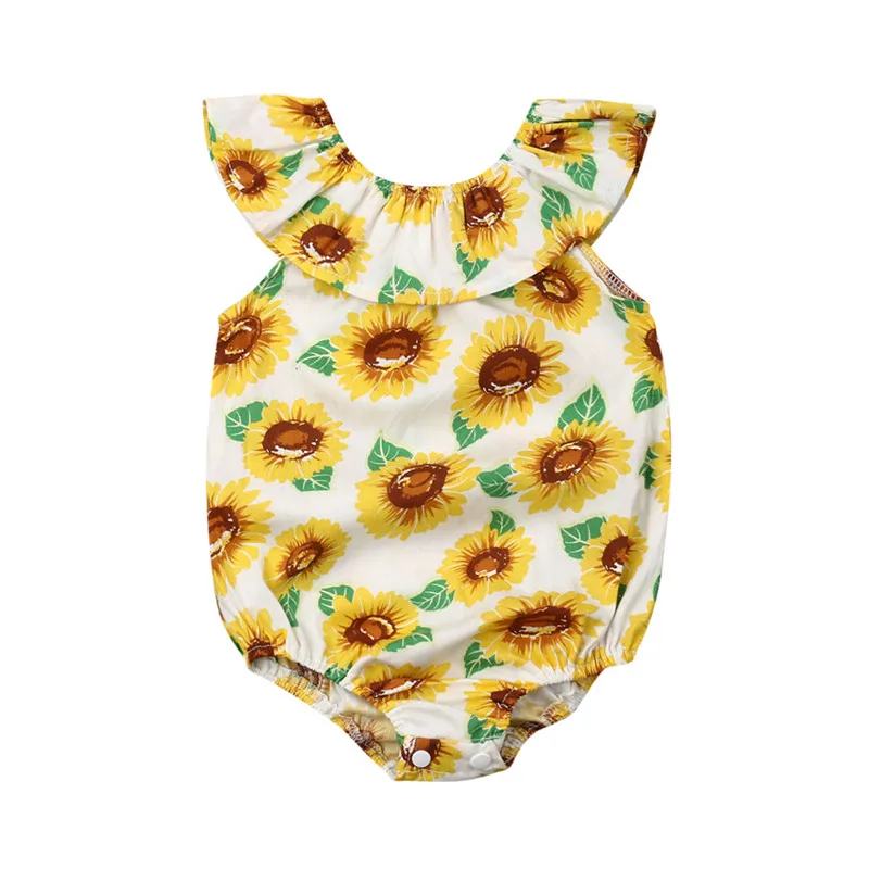 

New Newborn Baby Girls clothes Sunflower print round neck Ruffle Bodysuit sleeveless kids Toddler cotton lovely Tops one pieces