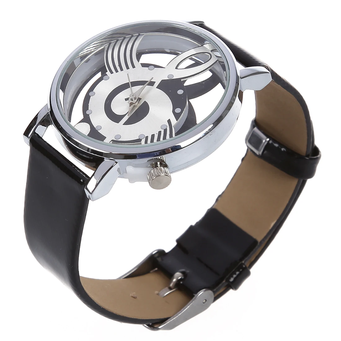 

Wristwatch of Music clock skeleton black quartz imitation leather