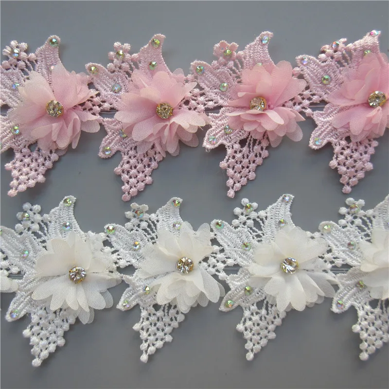 1yard Chiffon Flower Diamond Rhinestones Fringe Lace Trim Embroidered Ribbon Fabric Sewing Craft Garment Accessories | Дом и сад