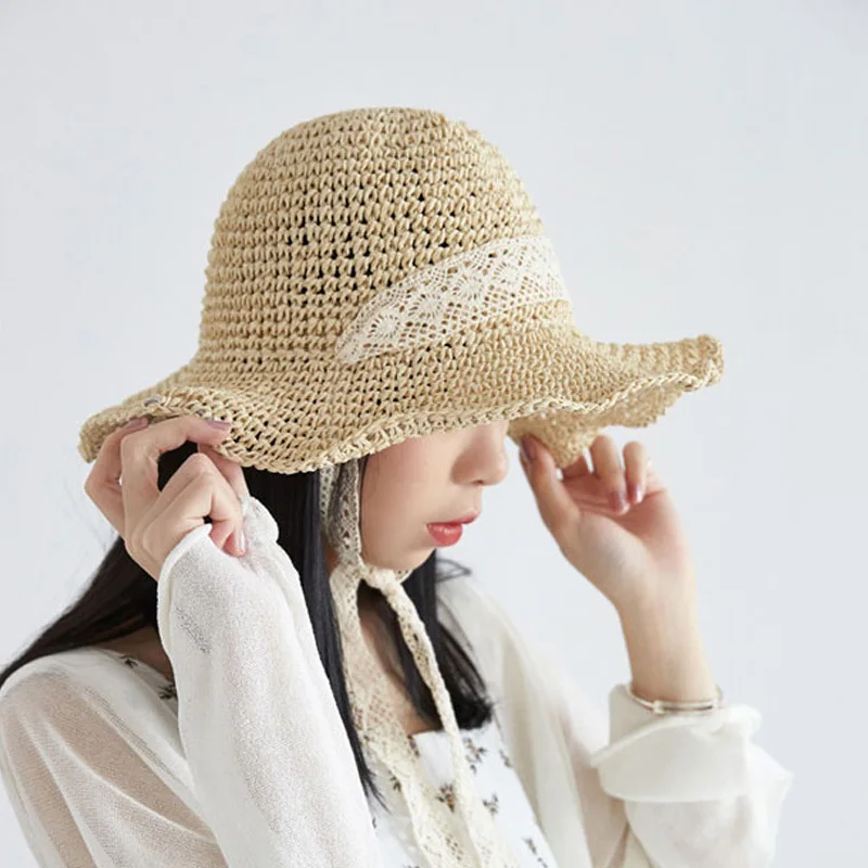 Summer Hats Straw Sun Hat Lady Girls Lace Ribbon Bow Beach Hat Floppy Travel Folding