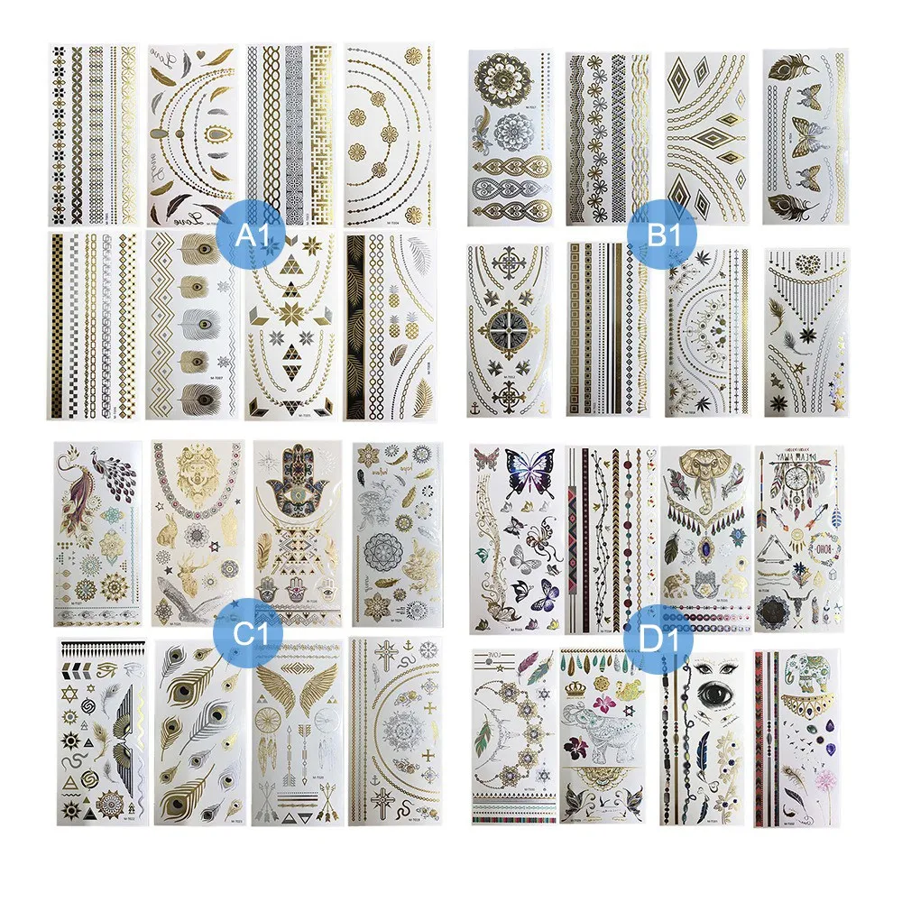 

8 Sheets Temporary Disposable Metallic Tattoo Gold Silver Black Flash Tattoo new