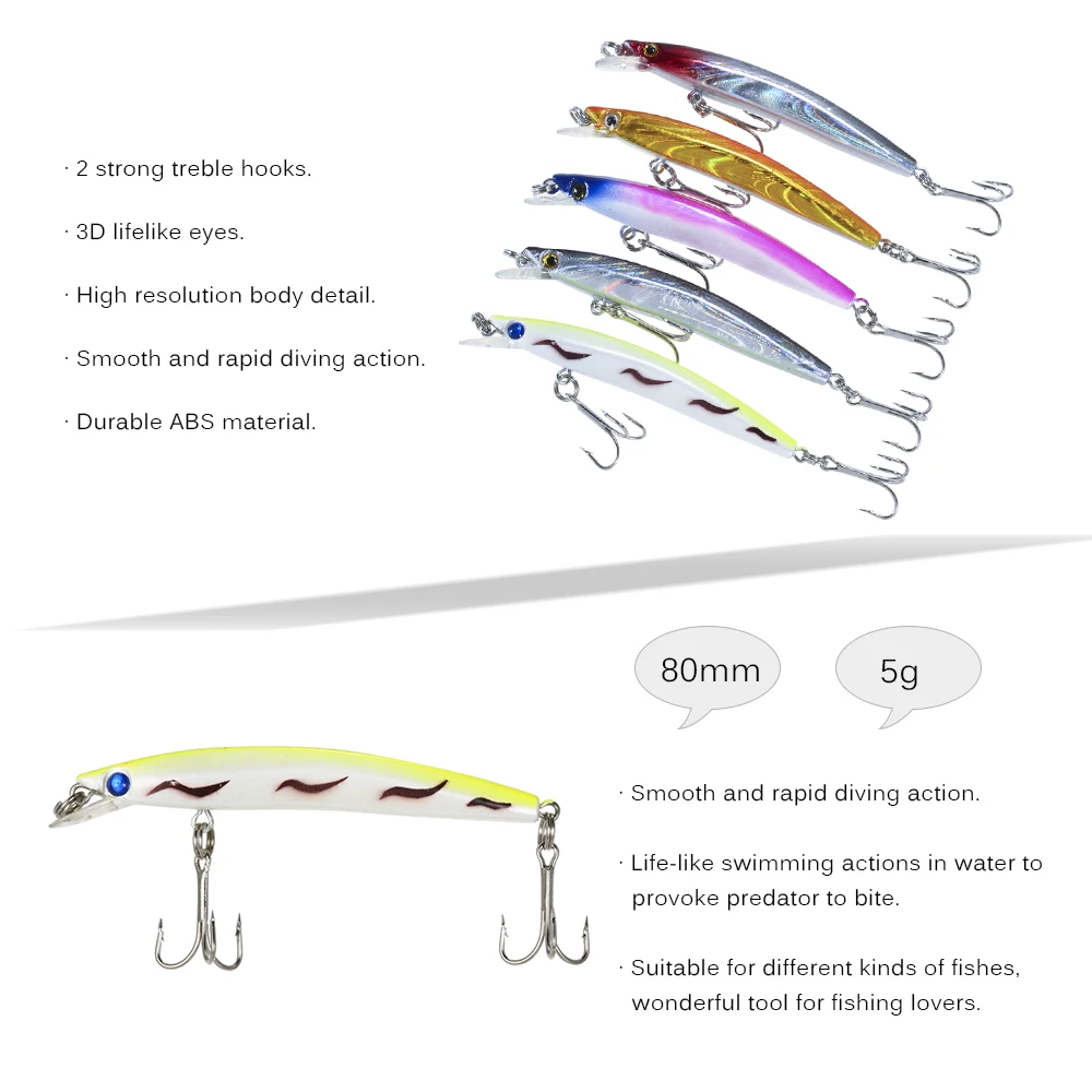 Lixada 5 шт./лот Дайвинг Minnow приманки для ловли рыбы 0 3 9 м 5g 80 мм Искусственные жесткая