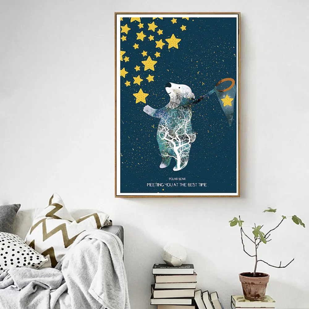 

AAVV Posters Animal Canvas Paintings Oil Painting for Living Room Decor Wall Art Pictures Polar Bear Catching Stars No Frame