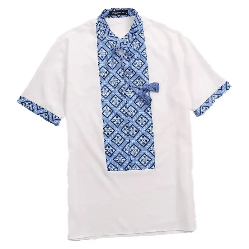 

INCERUN Men's Tee Shirts Tropical Short Sleeve Embroidered Print V-neck Drawstring Tee Top Camisa Femininas Male Hawaiian Shirt