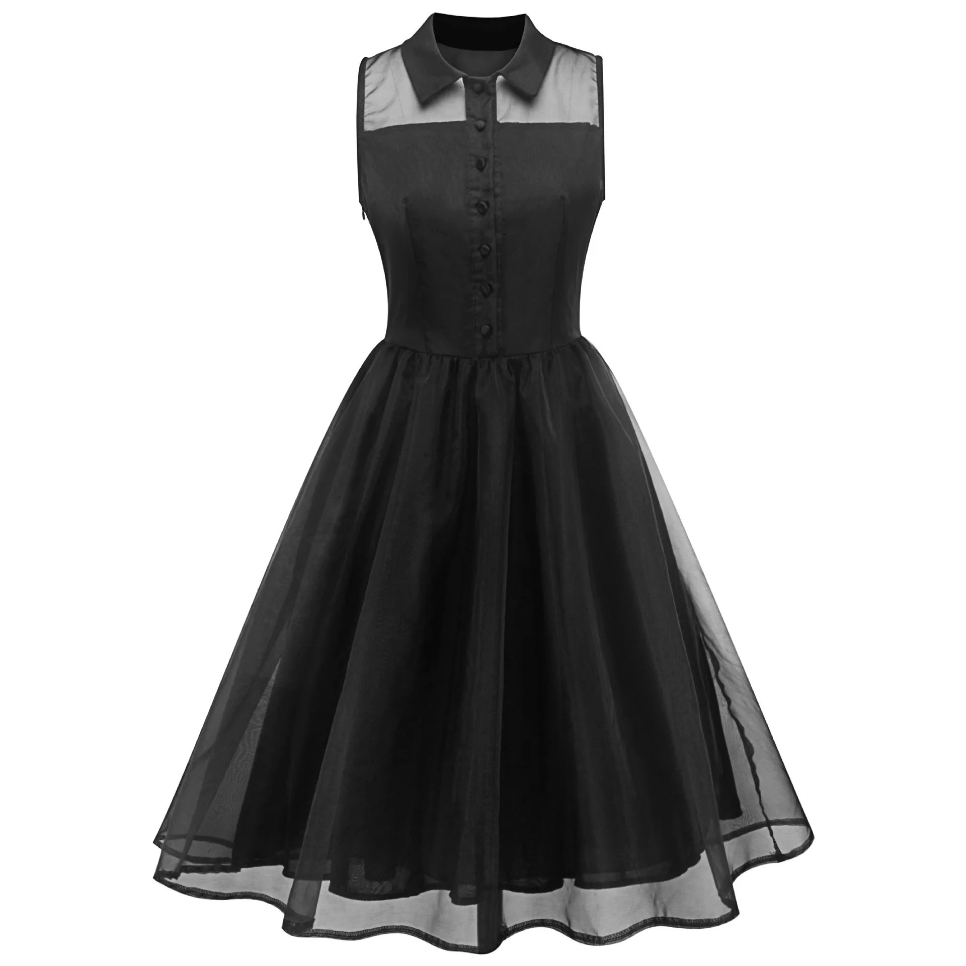 Women Dresses Black Mesh Multi-Layer Splice Retro Sleeveless Buttons Elegant Summer Dress Women Dresses Black Mesh Multi-Layer Splice Retro Sleeveless Buttons Elegant Summer Dress