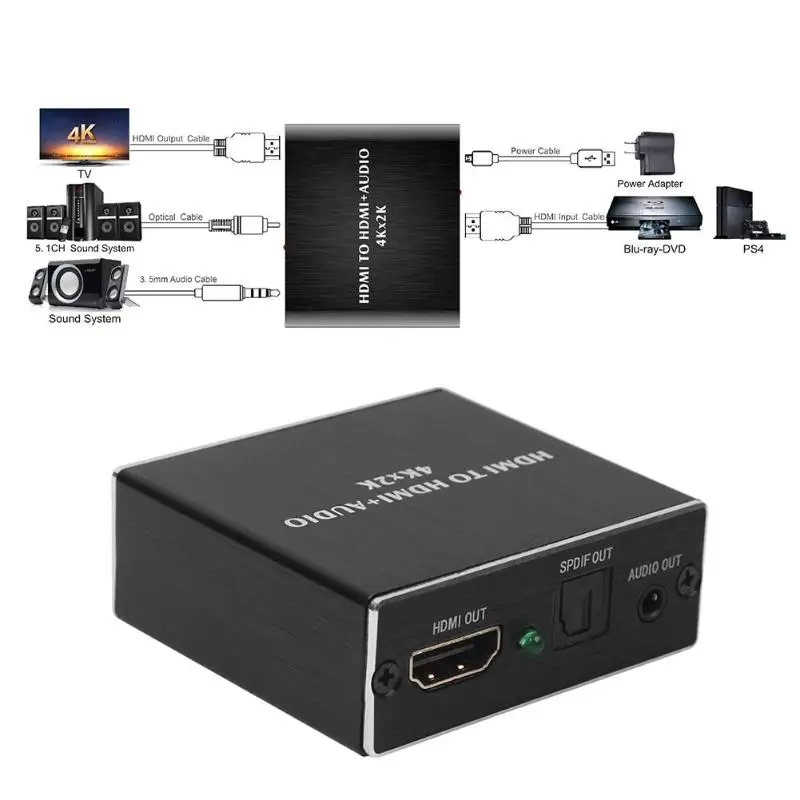 

HDMI 4K x 2K to HDMI+Audio 3.5mm Stereo 5.1 Channel Optical SPDIF Extractor Converter Adapter Audio Splitter High Quality Hot