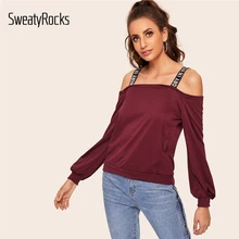 SweatyRocks бордовая толстовка с открытыми плечами и буквенным принтом повседневные Пуловеры Топы Весенняя уличная одежда женские толстовки