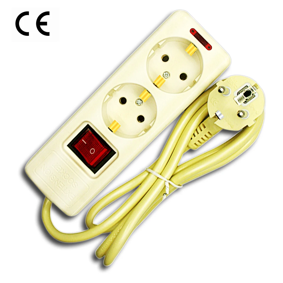 

EU European Plug Power Strip With Switch 2 Outlets Extension Socket Cord Cable 1.5M Surge Protector 16A 250V
