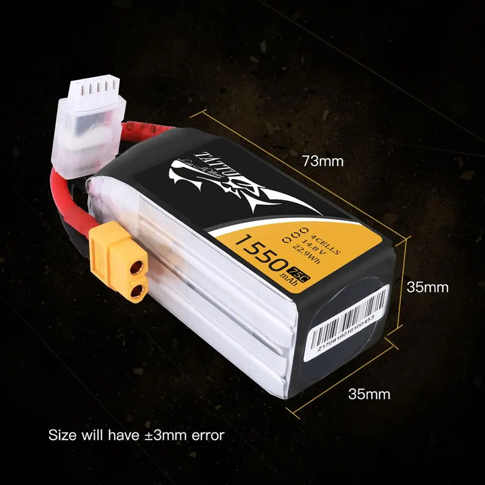 Литий полимерный аккумулятор Tattu 75C 14 8 в 1550 мА/ч Lipo XT60 с разъемом FPV гоночный