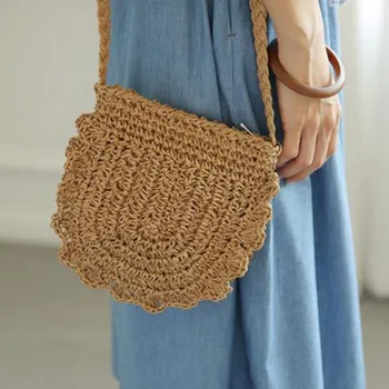 

Fashion Straw Beach Bag Vintage Handmade Women Shoulder Bag Circle Bohemian Summer Vacation Casual Bag