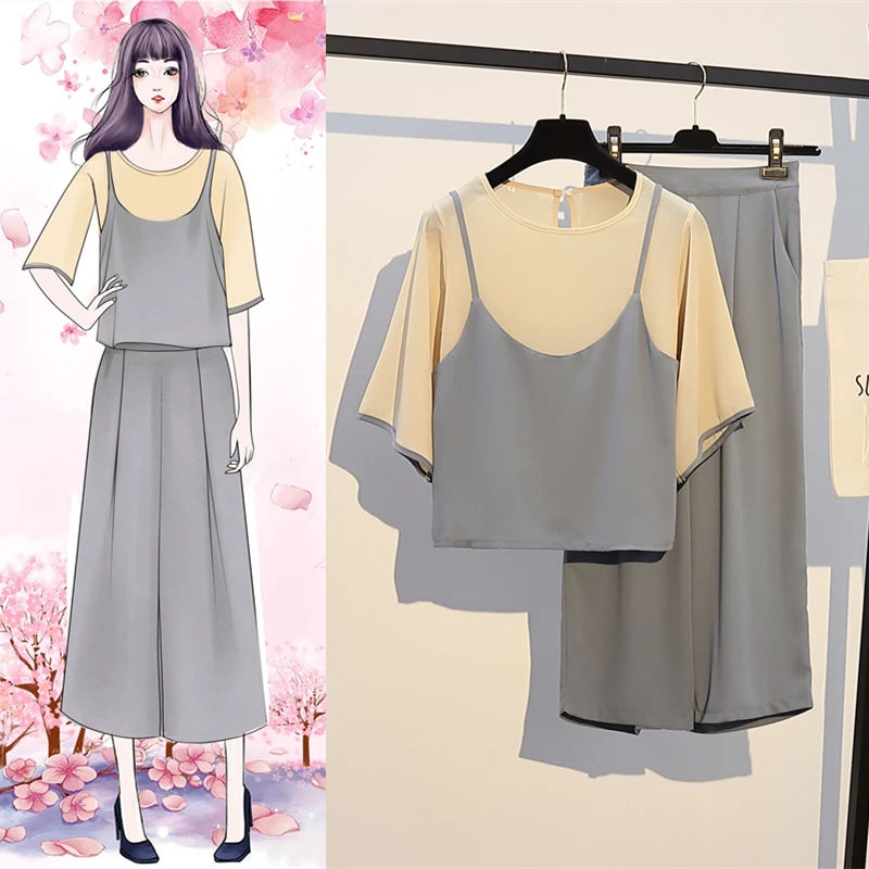 L-4XL زائد حجم المرأة 3 قطعة مجموعة الصيف 2019 قصيرة الأكمام بلوزة شيفون مع الرسن أعلى و مرونة الخصر بنطال ذو قصة أرجل واسعة
