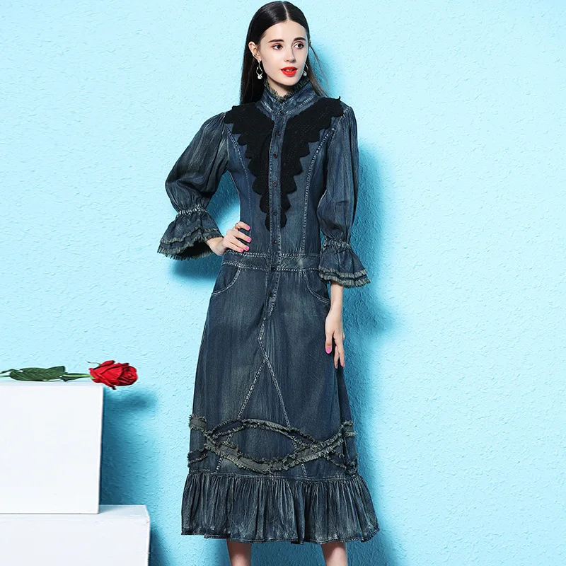 

Women's denim long dress 2019 wrist sleeve lotus leaf lace stitching large swing dress mujer long denim dress women NW18C2892