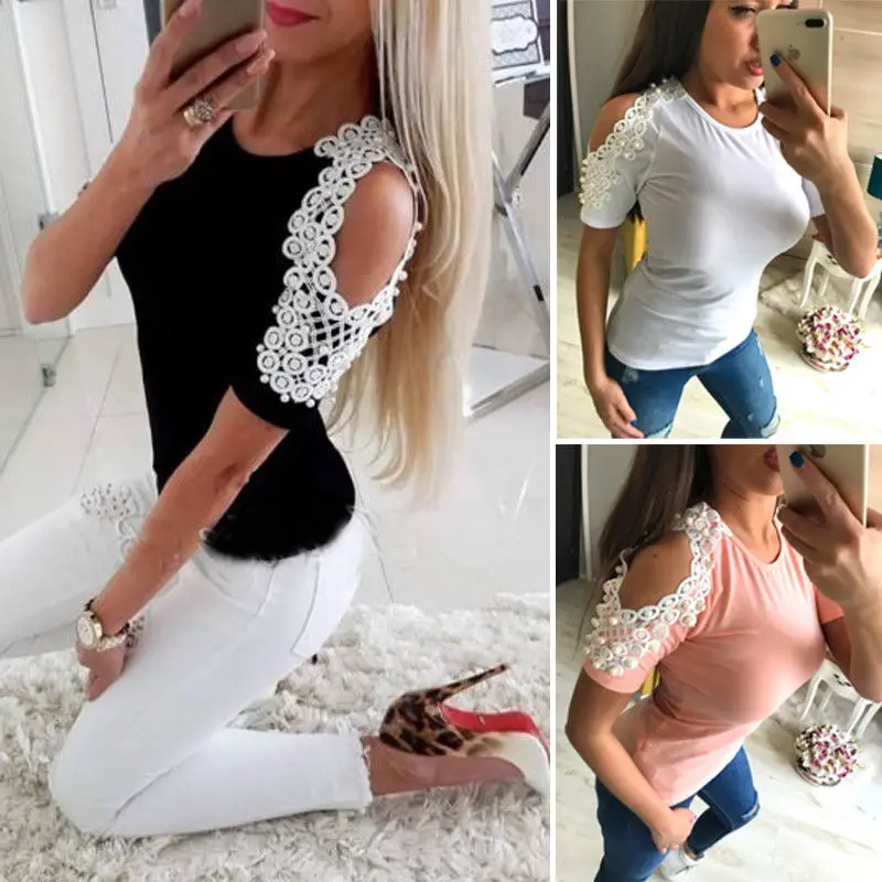 

hirigin New Women Cold Shoulder Beading T-Shirt Tops Short Sleeve Summer Casual Slim Solid Tee Plus Size S-2XL
