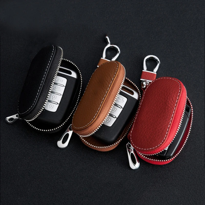 

New Universal Leather Zipper Car Key Fob Case Cover Protector Keychain Bag Black Brown Red
