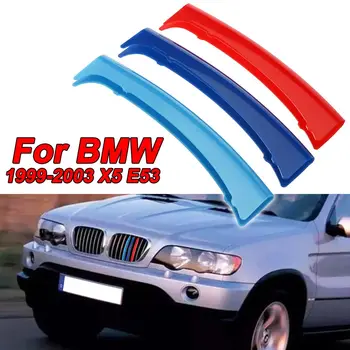 

3Pcs Auto Car M 3D Front Grill Covers For BMW X5 E53 1999-2003 8 Poles Grille Front Kidney Grill Grille Cover Clip Trim Sticker